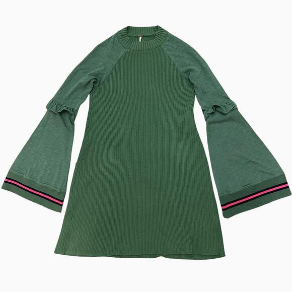 Free People XS Zou Bisou Sweater Dress | Green, Bell Sleeves, Ruffle Trim, $120 - Picture 2 of 5